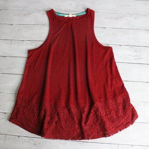 Women's Swing Tunic Tank Top Size S Lace Hem Burgundy Red